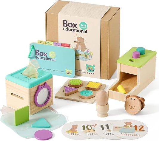 IEATFO Montessori Toys for Babies 9-12 Months, 7-in-1 Wooden Playful Learning Toys with Egg Cup, Castanets, Baby Tissue Box, Textured Shape Puzzle, Cylinder Drop Box and More, Stage-Based Toy