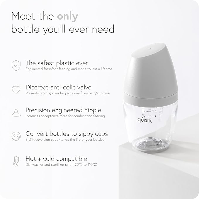 BuubiBottle Max Slow Flow Bottle for Newborn Babies by Quark - with Anti-Colic RealFeel Nipple to Simulate Breastfeeding - BPA-Free, PVC-Free, Toxin-Free - 8 Oz Bottle with Lid, 2 Pack - Gray
