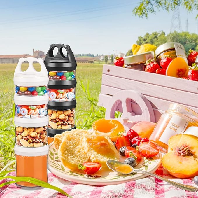 SELEWARE Portable Stackable Food Storage Containers for Snacks Formula Powder and Drinks Twist Lock System Airtight Leak-proof BPA and Phthalate Free Black and White