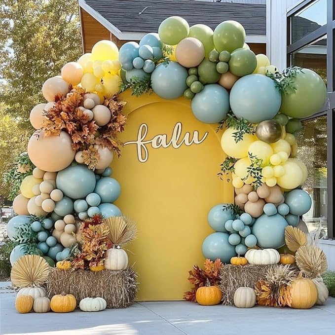 Blue Yellow Green Balloon Garland Double Stuffed Sage Green Dusty Blue Yellow Gold Balloons Pastel Balloon Arch Kit for Bear Baby Shower Wild One Birthday Wedding Anniversary Party Decorations