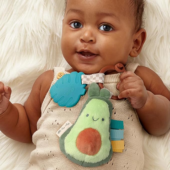 Itzy Ritzy Infant Toy & Teether - Itzy Pal Baby Teething Toy Includes Lovey, Crinkle Sound, Textured Ribbons & Silicone Teether for Newborn (Avocado)