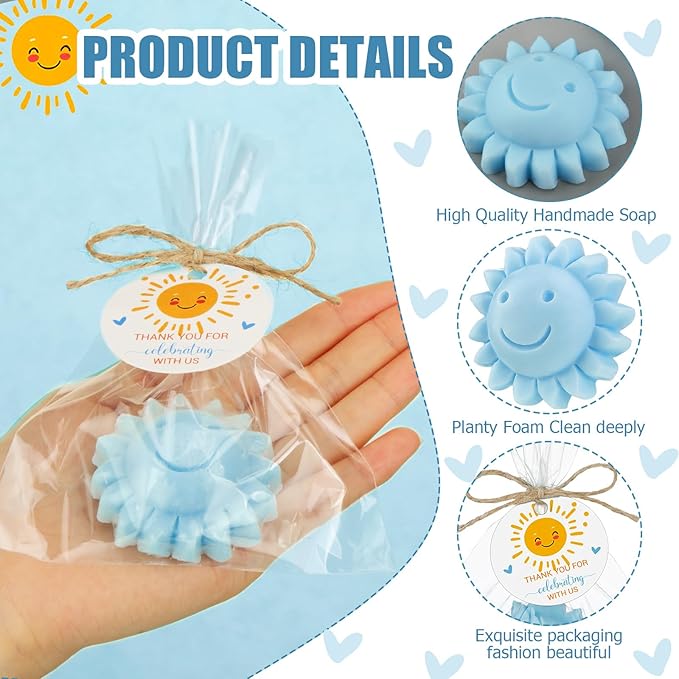 Demissle 40 Pcs Sun Soap Baby Shower Favors for Sunshine Party Here Comes the Son Baby Favors Mini Handmade Soap Gifts with Thank You Card for Guest Gender Reveal Party Decor(Blue)