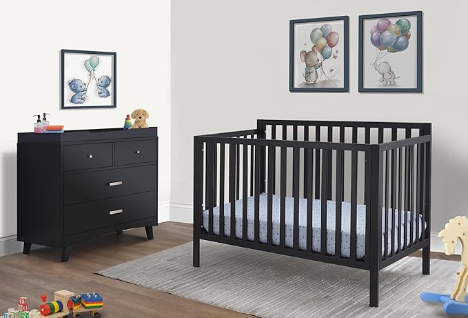 Sorelle Essex Euro 4-in-1 Convertible Crib & Changer – Nursery Furniture Set, Wooden Baby Crib with Non-Toxic Finish, Integrated, Toddler Bed, Daybed, and Full-Size Bed Conversion Kit – Midnight