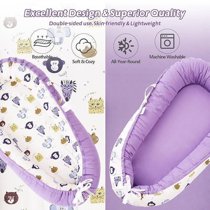 ALINUX Baby Lounger for Newborn 0-24 Months,100% Cotton Baby Lounger Cover, Suitable for Babies Aged 0-24 Months,Purple