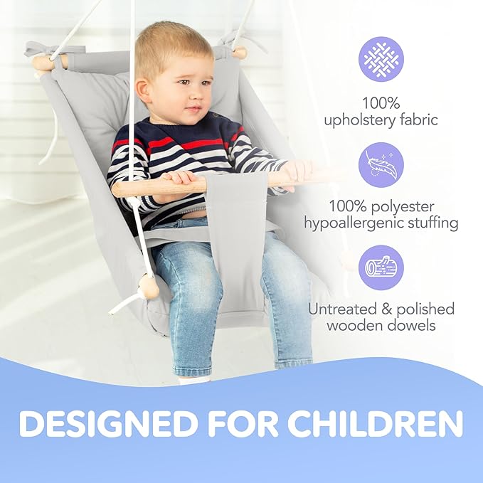 CaTeam Canvas Toddler Swing – Indoor/Outdoor Hanging Chair for Patio & Playroom with Safety Belt – Wooden Baby Seat for Ages 12+ Months – Gray