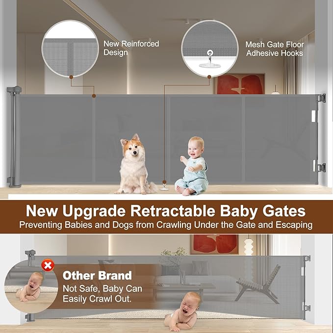 Upgraded 200 inch Retractable Baby Gates Extra Wide with Reinforced Strip Design to Prevent Crawling Through, 37" Tall, 200" Wide Outdoor Retractable Gates, 16 FT Retractable Garage Gate