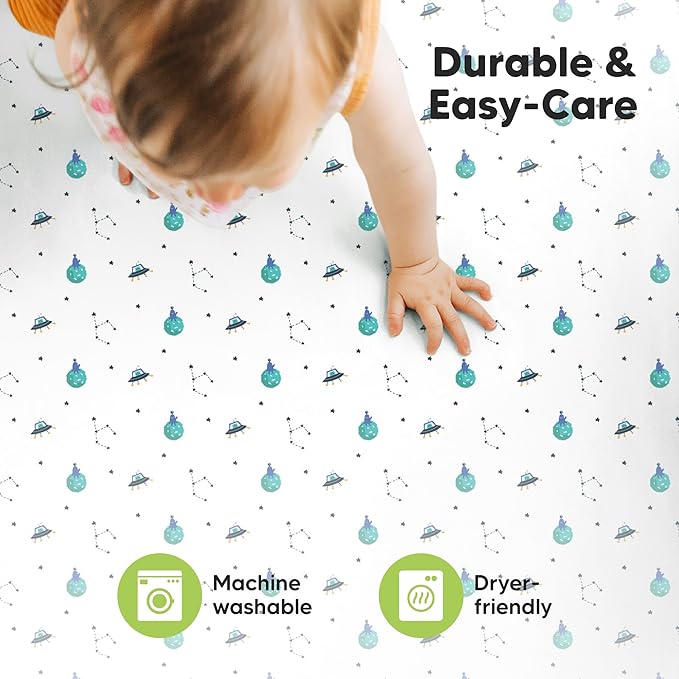 2-Pack Mini Crib Sheets Fitted - 38x26 Pack N Play Sheets for Pack and Play Mattress, Organic Cotton, Soft & Breathable Playard Bedding, Neutral Mini Toddler Bed Cover for Boys, Girls (Space Quest)