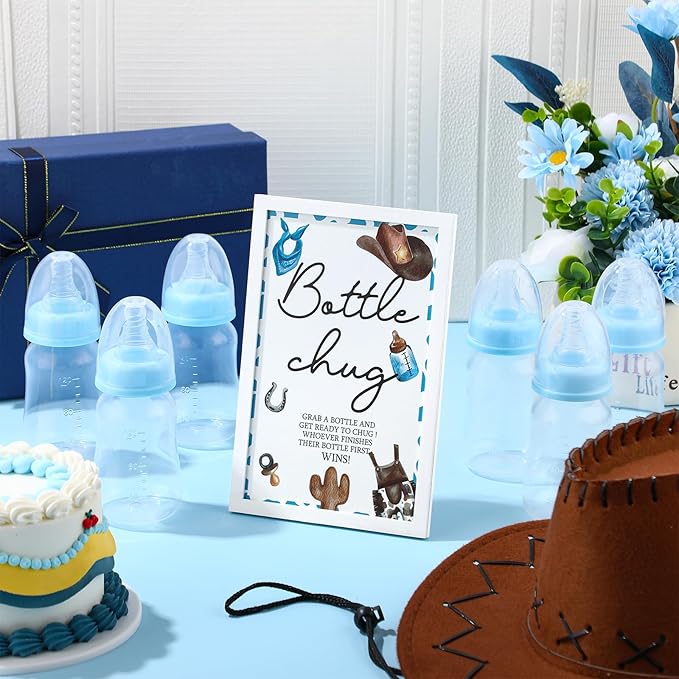 Roowest Bottle Chug Baby Shower Game Sign Wooden Game Table Decor 18 Pcs Baby Bottles 120 ml Mini Milk Bottles Baby Bottles for Baby Shower Game Gender Reveal Party (Blue,Cowboy)