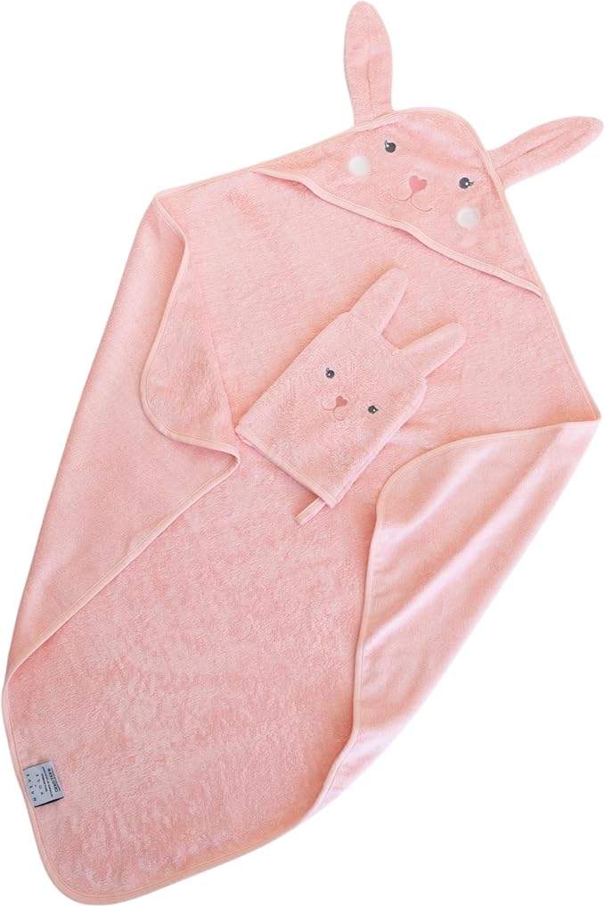 Hooded Baby Towel with Mitt - Ultra Soft Plush Bath Essential for Newborn, Infant & Toddler - Premium 30x30 Inch Large Absorbent Baby Bath Towels with Hood for Boys & Girls (Cute Bunny)
