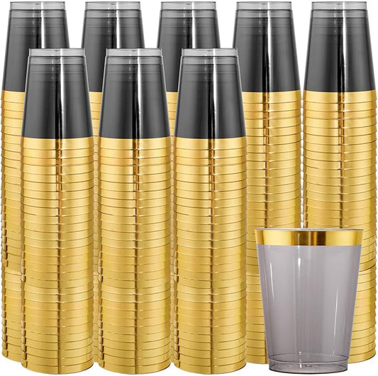 supernal 100pcs Gold and Black Plastic Cups 10oz Gold Rimmed Elegant Black Party Cups Heavy Duty Fancy Wedding Drinking Tumblers Plastic Cup for Party and Birthday