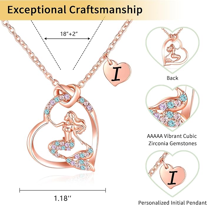 K-Acc 14K Gold-Plated Mermaid Initial Heart Necklace - Gifts for Girls