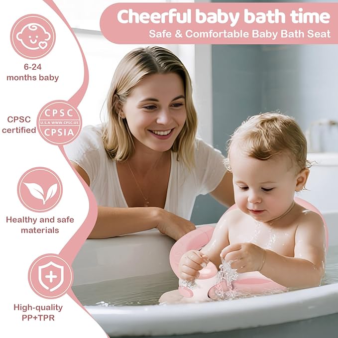 Baby Bath Seat for Babies 6 Months & up, Soft Cushions, Non-Slip Baby Bath Seat, Safe & Comfortable Baby Bath Support, for Bathtub/Living Room/Shower Room(Pink)