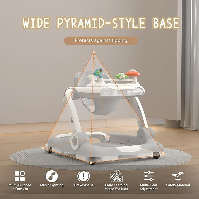 Baby Walker with Wheels, 5 in 1 Walker for Baby Boy Girl with Bouncer, Music and Lights Baby Jumper Activity Center, Adjustable Height, Push Walker for Ages 7-18 Months Toddler (Gray)