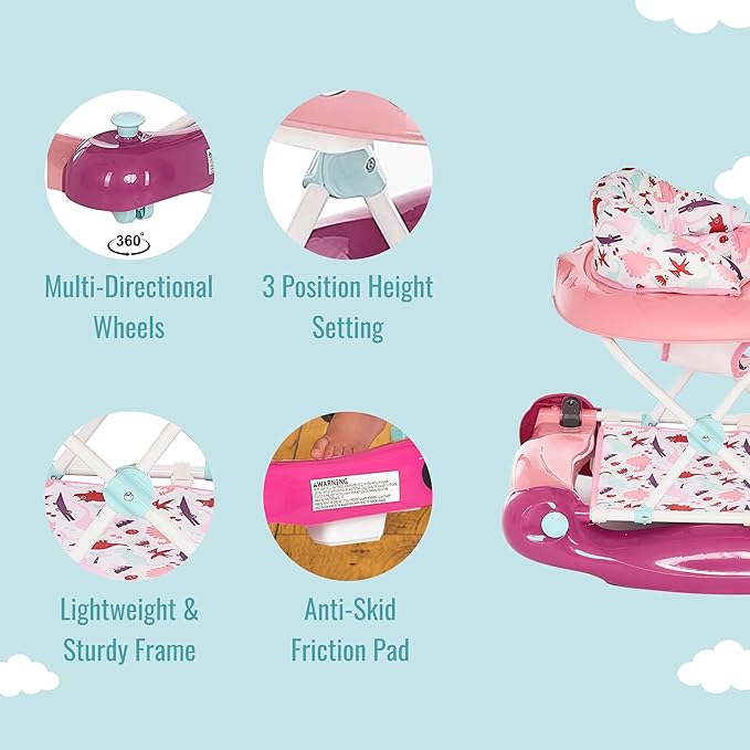 Dream On Me Baby Steps Baby Walker in Pink, Adjustable Three Position Height Setting, Removable Tray, Easy to Fold and Store Baby Walker