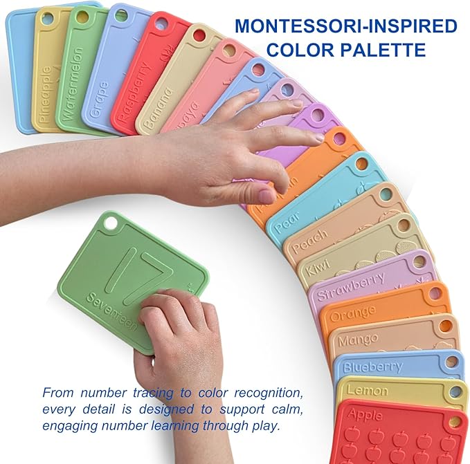 Sili123s Number Flash Cards, Non-Toxic Silicone Number Flash Cards for Toddlers 1-3, Montessori Sensory Fruits Counters Math Manipulatives Flashcards, Dishwasher Safe Baby Cards