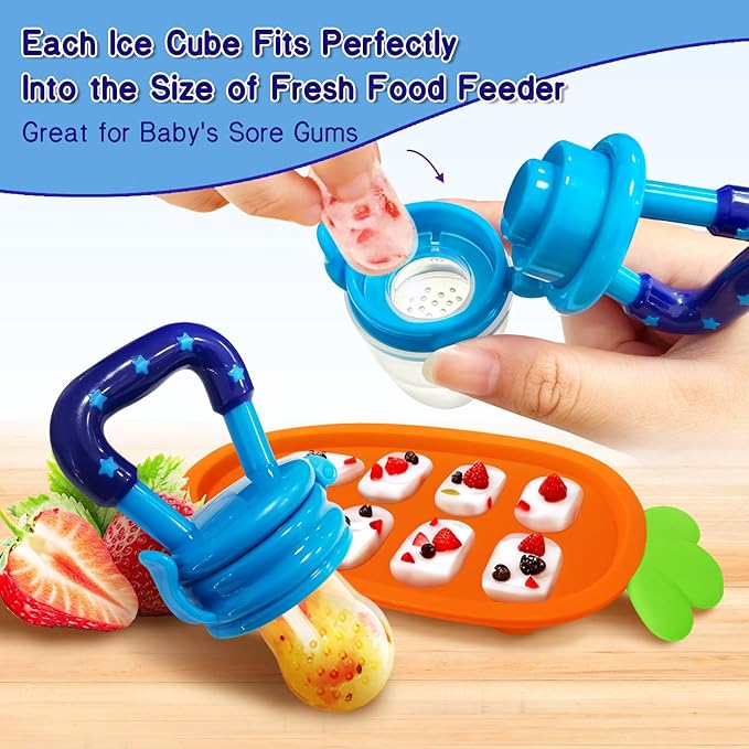 Baby Fruit Feeder with Freezer Tray – 3-Size Silicone Teether for 3-24 Months, BPA-Free, Leakproof Self-Feeder, Dishwasher Safe, Baby Weaning & Teething Snack Tool(Blue Green)