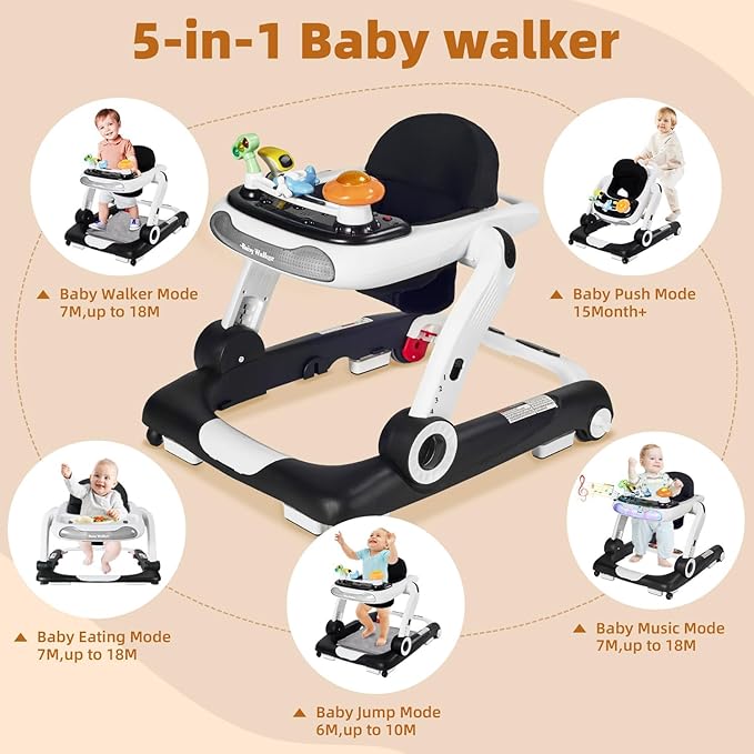 Music and Lights Baby Walker with Wheels,5-in-1 Baby Activity Center with Removable Toys and Music Bouncer,Adjustable Height Baby Walkers for Boys Girls Babies 6-18 Months