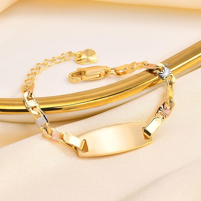 Personalized Baby ID Bracelet - 18K Gold Plated Tri-Color Chain Custom Name ID Plate Bar Bracelet for Children Toddler from Mom,Engraved Kid Name Customized Birthday,Back To School Gift for Daughter