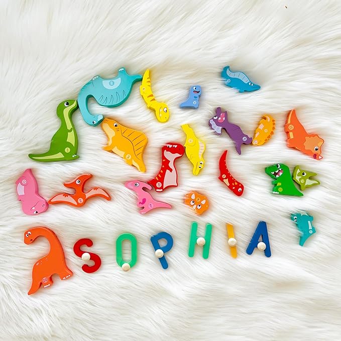 Name Puzzle for Kids Personalized, First Birthday for Baby Boy Girl, Wooden Name Puzzles for Toddlers 1-3, Educational Toys for 1 Year Old (Dinosaur)