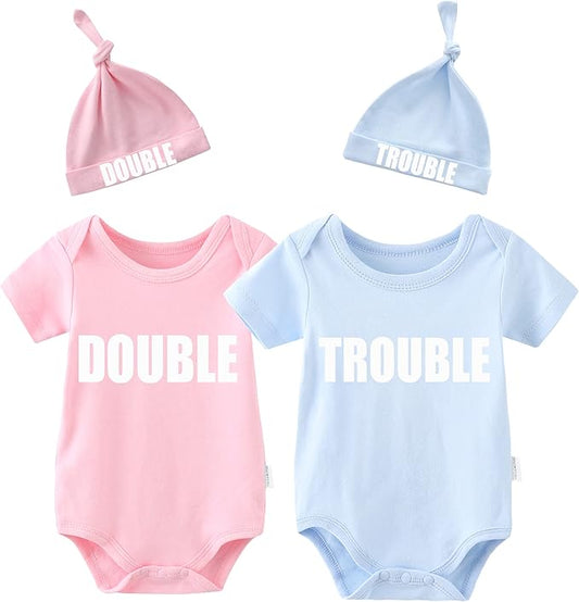 YSCULBUTOL Baby Twins Bodysuits Funny Double Trouble Cute Girl Romper Twin Jumpsuits Hat Set