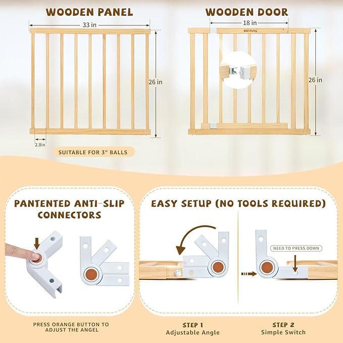 Wooden Baby Playpen with Door, Changeable & Expandable Play Fence for Toddlers, Large Wood Playpen Safety Baby Gate Playard, Safe Play Area Kids Activity Center Indoor Outdoor(26" Tall, 8-Panel)
