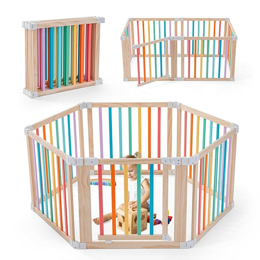 Baby Wooden Playpen, Foldable Shape & Size Adjustable Playpen for Toddler and Babies, Wood Baby Play Yard with Locking Gate, Large Pack and Play for Play Area Indoor(Multicolor, 6 Panel)