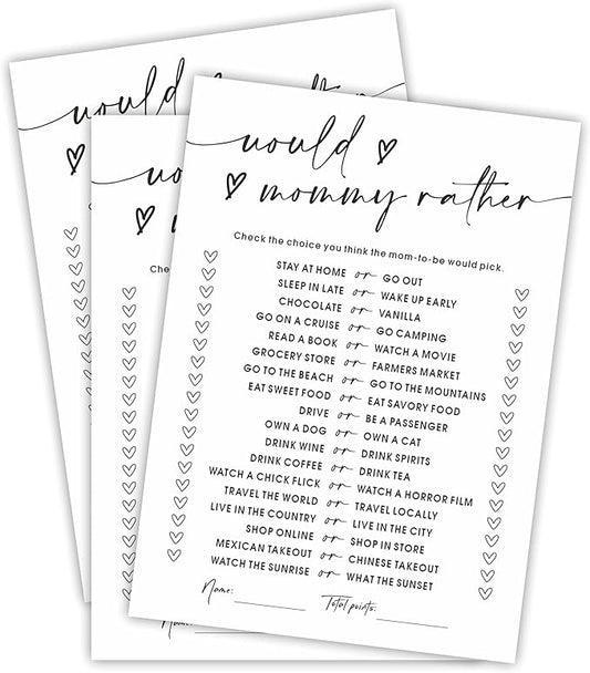 Baby Shower Game Kit - Would Mommy Rather - 30 Double-Sided Fill in Game Cards for Baby Shower, Gender Reveal Party Favor, Activity & Supplies - A13