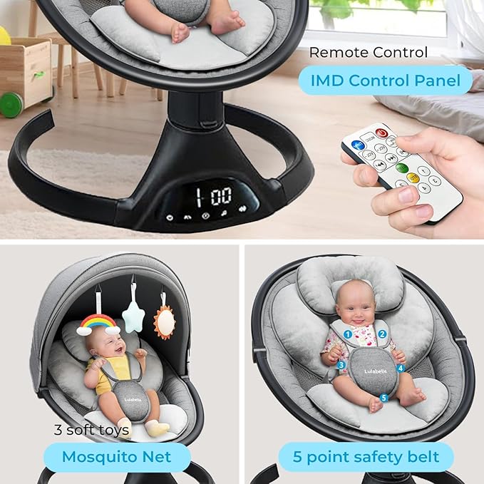 Baby Swings for Infants - Lulabelle Portable Infant Swing with Adjustable Height, 5 Sway Speeds with Remote Control, Lullaby Songs, Stationary Seat Baby Swing - for Girls & Boys.