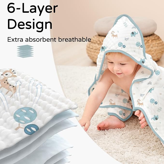 Yoofoss Hooded Baby Towels for Newborn 2 Pack 100% Muslin Cotton Baby Bath Towel with Hood for Babies, Infant, Toddler and Kids, Large 32x32Inch, Soft and Absorbent Newborn Essential