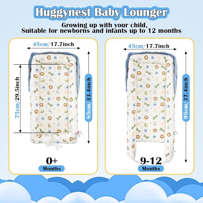 Baby Lounger for Newborn, Huggynest Portable Infant Lounger for 0-12 Months Newborn, Home Travel Dual-Purpose Baby Nest (Animal World Blue)