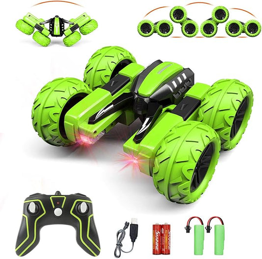 Remote Control Car for Kids 3-12 Years Old, Birthday Gift Toy for Boys Age 4 5 6 7 8, RC Car Stunt with Light 4WD Double Side Racing Vehicle 360° Flips Offroad Indoor Outdoor Sand Grass Garden Green