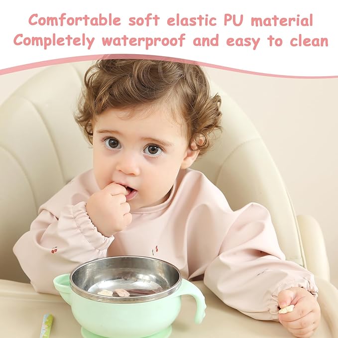 Baby Bibs with Long Sleeve Bib & BLW, Coverall Bibs for Baby Feeding, PU Soft and Skin-Friendly Material, Machine Washable, Waterproof and Easy to Clean, Baby Infant Toddlers (Pink)
