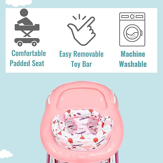 Dream On Me Baby Steps Baby Walker in Pink, Adjustable Three Position Height Setting, Removable Tray, Easy to Fold and Store Baby Walker