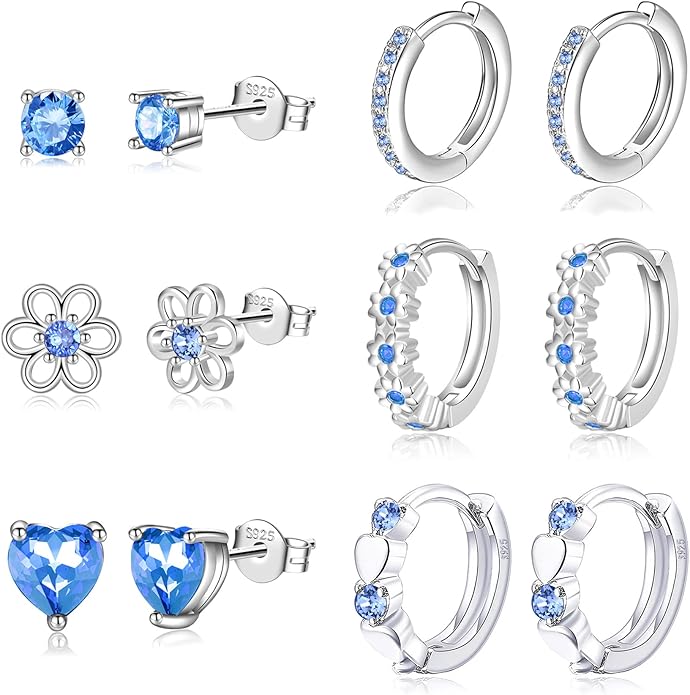6 Pairs Huggie Hoop Earrings 925 Sterling Silver Stud Sets Cute Heart Hoops Tiny Cubic Zirconia Flower Stud Small Hypoallergenic Cartilage Sleeper Earrings