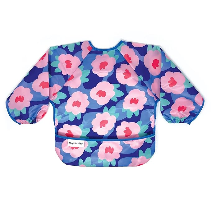 Tiny Twinkle Mess Proof Baby Bib,Waterproof Smock Baby Bib for Eating,Machine Washable Long Sleeve Bib,Baby Led Weaning,Toddler Bib,BLW Supplies(Floral Blue, Large 2-4 Years)
