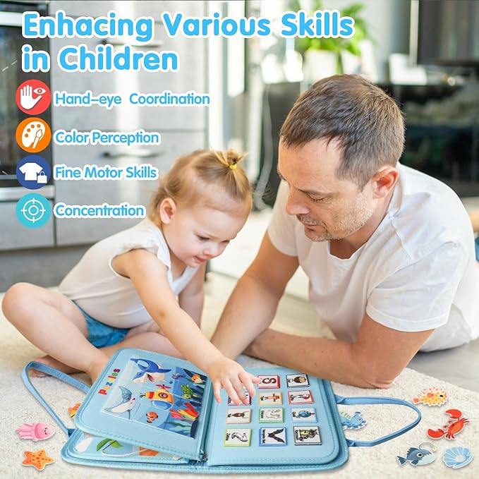 Busy Board Montessori Toys for 1 2 3 4 Year Old Boys & Girls Birthday Gifts, Toddlers Sensory Educational Travel Activities Busy Book with Fishing Game & Alphabet Puzzle & Fine Motor Skills