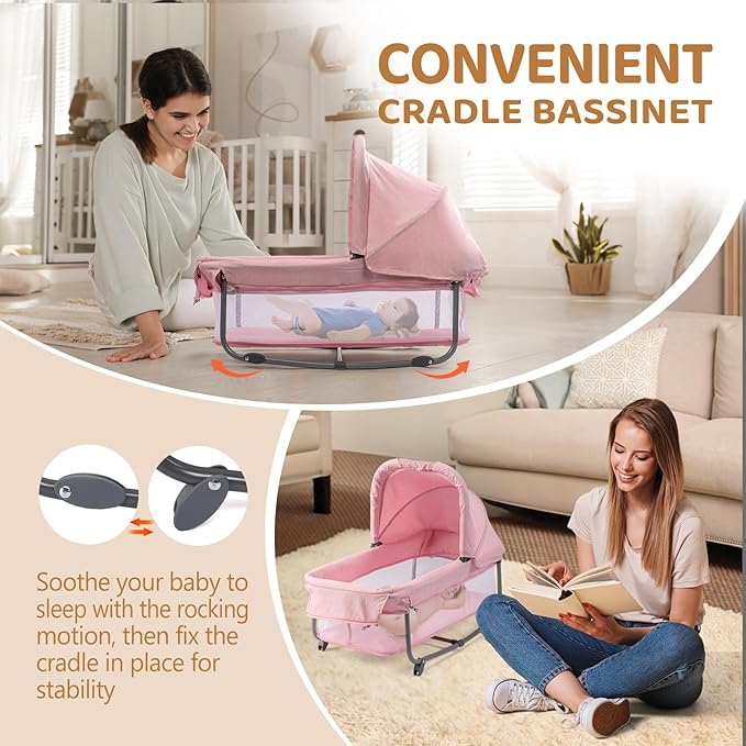 JOYMOR Twin Bassinet for Baby, Pink Bedside Bassinet, Convertible to Bedside Sleeper and Playpen, with Wheel, Brake, Foldable Side Sleeper