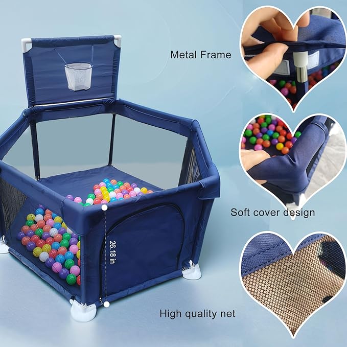 Portable Baby Ball Pit Playpen Playard Fence Playtent with Basketball Hoop Breathable Mesh for Indoors Outdoors Toddler Kids Large
