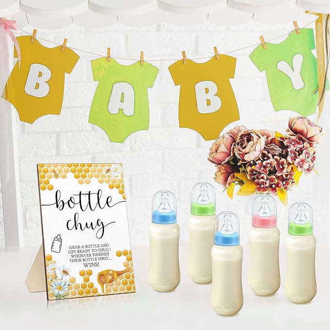 Roowest Bottle Chug Baby Shower Game Favors 12 Pcs Baby Bottles Shower Favor with 1 Wooden Sign for Gender Reveal Party Supplies Gifts(Bee)