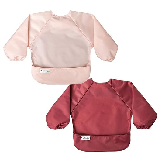 Tiny Twinkle Mess Proof Baby Bibs, 2pk Waterproof Smock Baby Bibs for Eating, Machine Washable Long Sleeve Bibs, Baby Led Weaning, Toddler Bibs, BLW Supplies (Rose Burgundy, Large 2-4 Years)