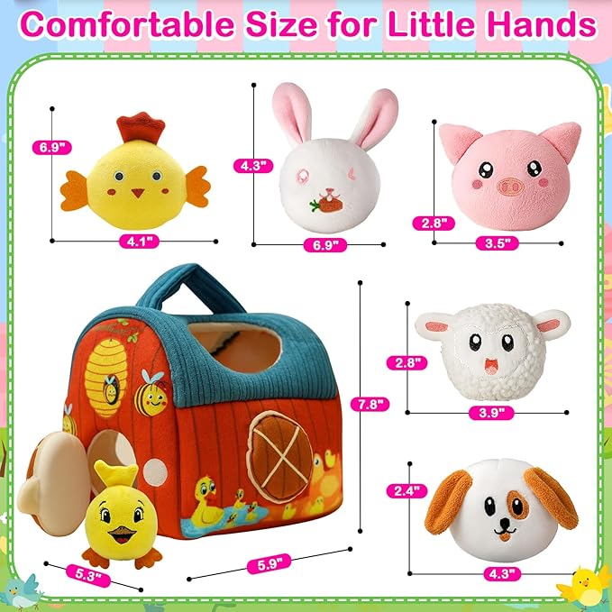 Baby Toys 6-12 Months Plush Barn with Stuffed Farm Animals Crinkle, Rattle & Mirror Montessori Toys Developmental Sensory Toys for 6 Month Old Boys Girls Babies & Toddlers