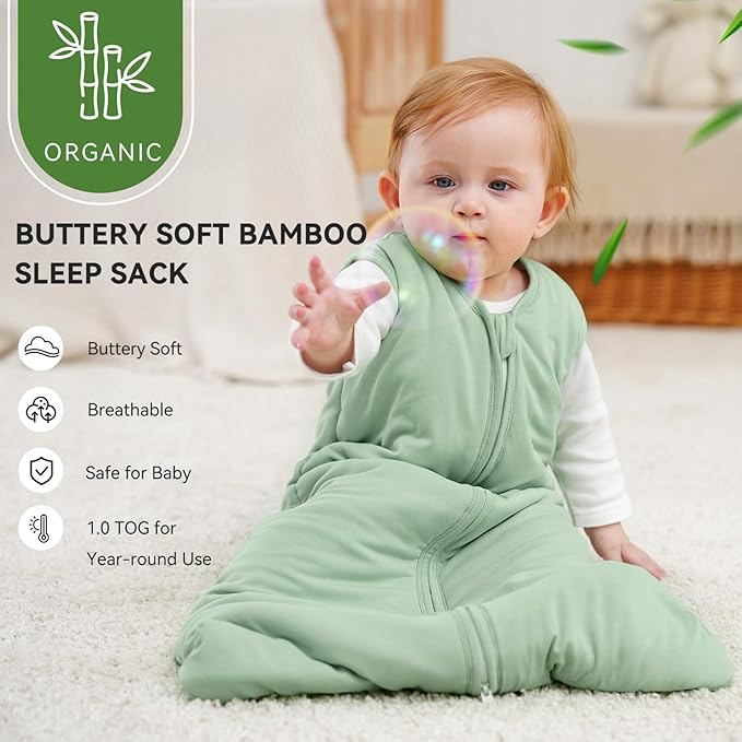 Rayon Made From Bamboo Baby Sleep Sack, SuperSoft 6-12 Months 1.0 Tog Baby Wearable Blanket, Sleeping Sack for Toddler Infant with 2-Way Zipper, Lightweight & Roomy，Green