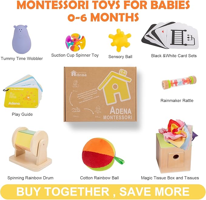Adena Montessori Play Kit for 0-6 Month Baby,9 in 1 Learning Kit Includ Black&White Card,Rainmake Rattle,Sensory Ball,Tummy Time Wobbler,Tissue Box,Tissue,Rainbow Ball,Rainbow Drum,Suction Cup Spinner