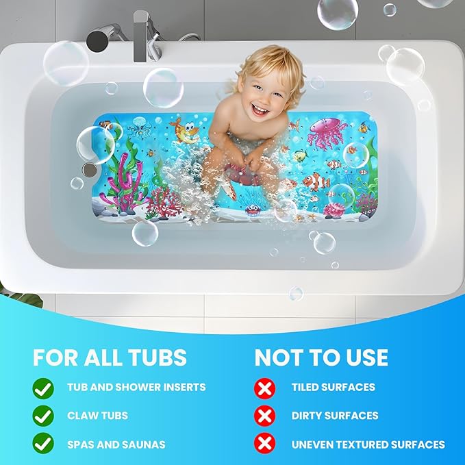 Linoows Baby Bath Tub Mat, Extra Large Non Slip Kids Cartoon Bathtub Shower Mats with Suction Cups & Drain Holes, Machine Washable for Bathroom, 40 x 16 Inch, Undersea-Diver