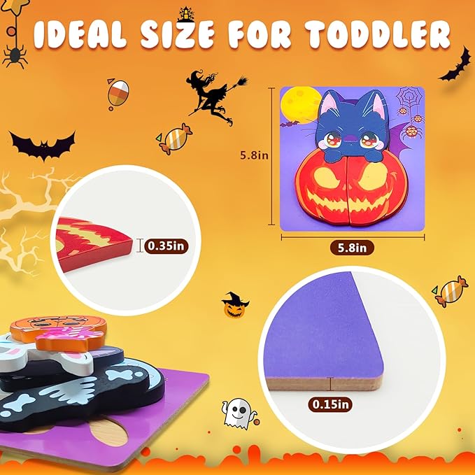 Halloween Puzzle Toys 6 Pack Wooden Puzzles for Toddlers Montessori Toy for 1 2 3 4 Year Old Boys Girls Toddler Gifts Halloween Treat Bags Gifts