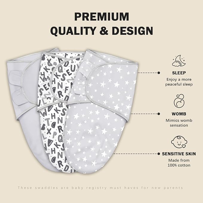 Cute Castle 3-Pack Baby Swaddle Sleep Sacks - Newborn Swaddle Sack - Ergonomic Baby Swaddles Blanket Warp for Boys and Girls - Baby Essentials (0-3 Months - Gray, Letters, Stars)