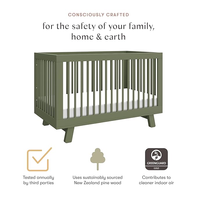 babyletto Hudson 3-in-1 Convertible Baby Crib with Toddler Bed & Daybed Conversion, Durable & Easy to Assemble - GREENGUARD Gold Certified w/ 4 Adjustable Mattress Heights - Olive Green