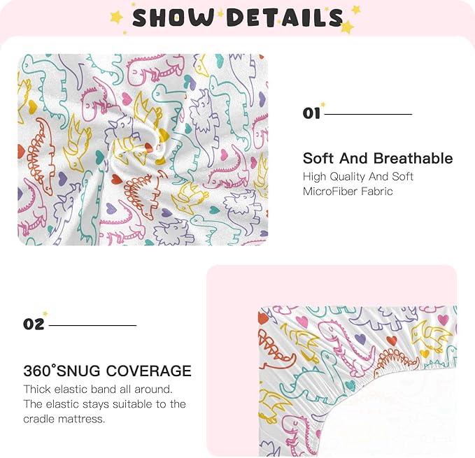 Colored Dinosaur Crib Sheets for Neutral Bassinet Play Sheets,Sheets Toddler Bed Sheets for Baby Boys Girs 39 * 27 * 5in