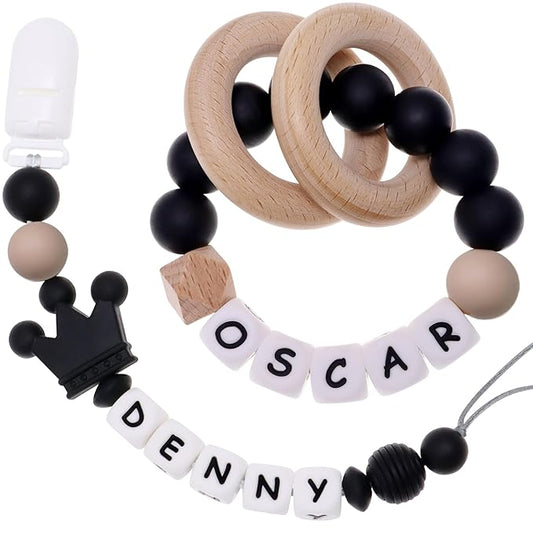 Personalized Pacifier Clip with Name and Customizable Teether Rattle (Black)