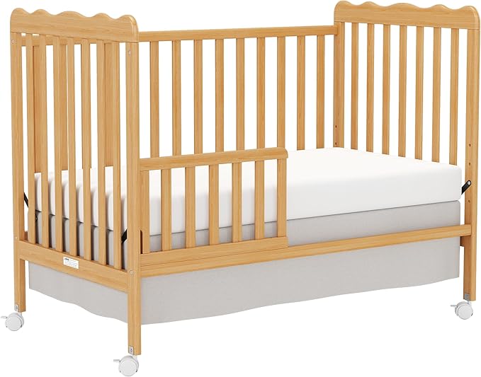 4 in 1 Convertible Baby Crib, Wooden Nursery Cribs Converts into Toddler Bed and Daybed, 3 Adjustable Base, Non-Toxic Finishes, Removable Wheels (Natural)